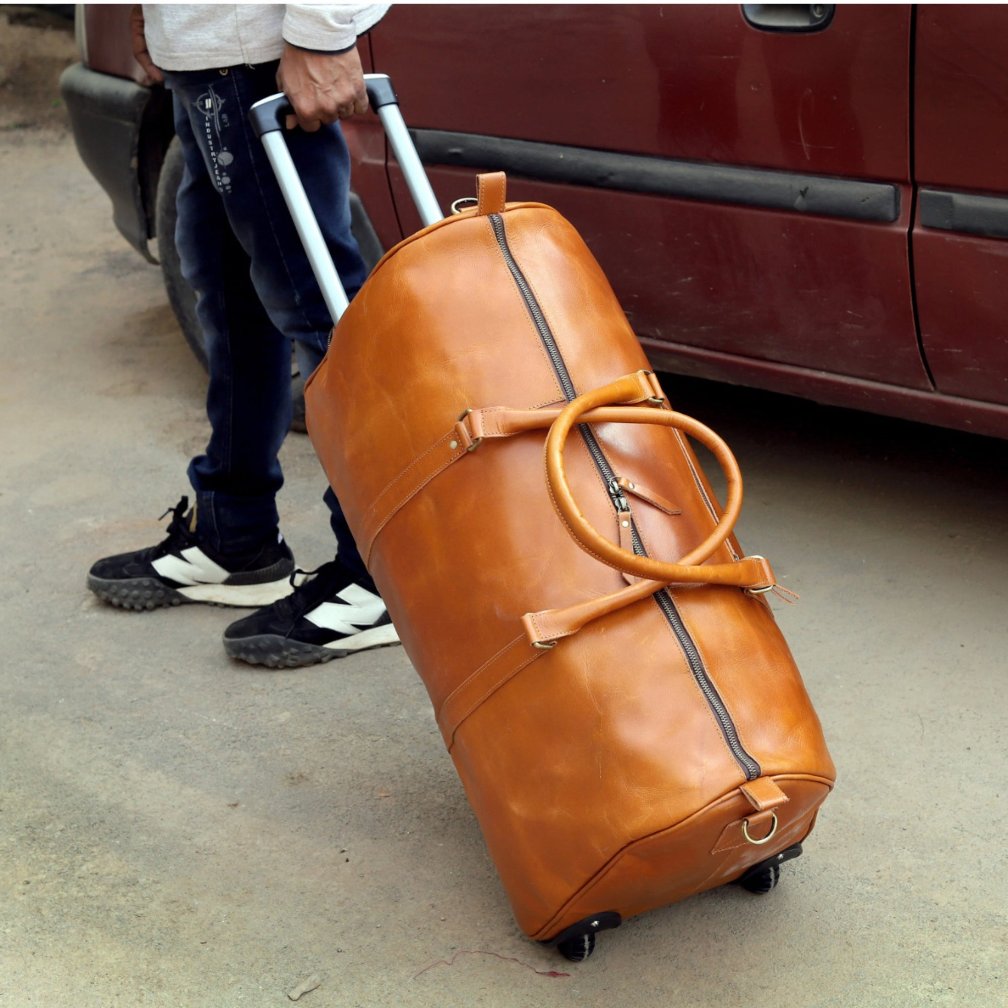Tan Leather Duffle Trolley Bag 44 Ltr